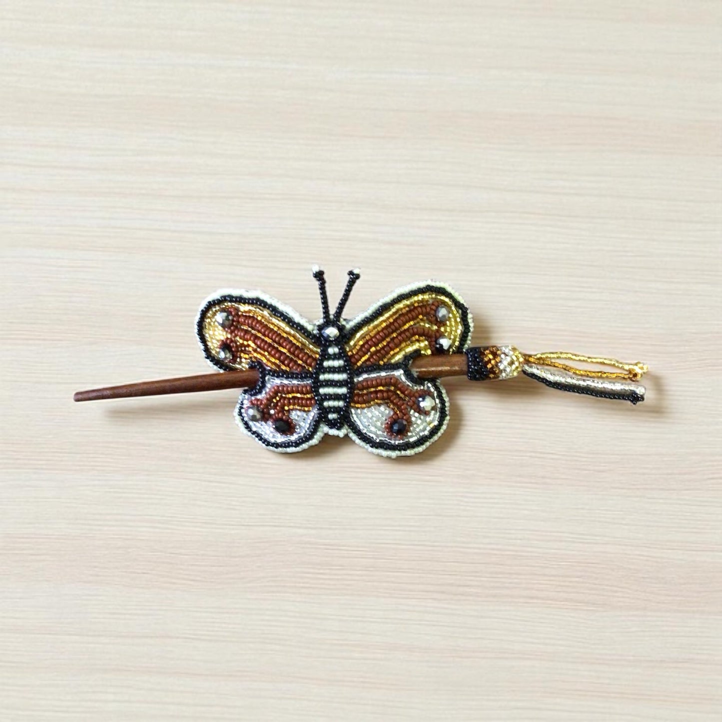 White black Handmade Beaded Butterfly Barrete