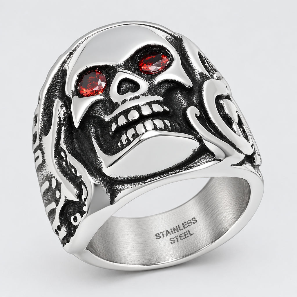 Men’s Stainless Steel Skull Ring with Red Eyes