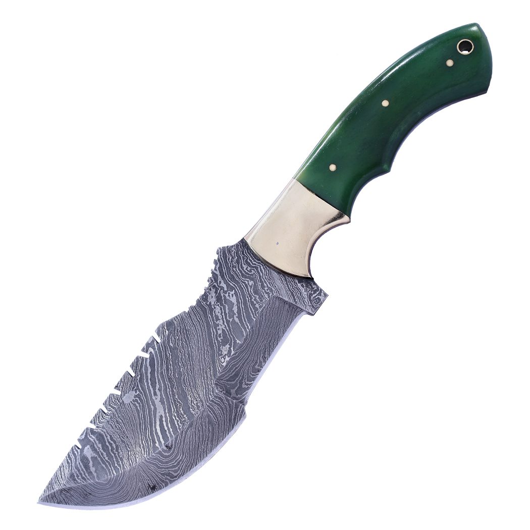 TheBoneEdge 10" Damascus Blade Tracker Hunting knife Green Bone Handle With Leather Sheath - 14442