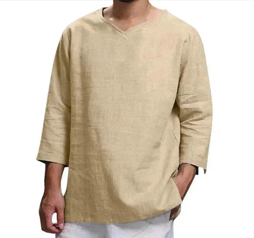 Loose Casual V-neck Top Cotton And Linen Long Sleeve Pullover Shirt Men's Shirt Top