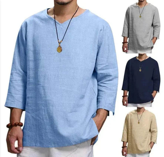 Loose Casual V-neck Top Cotton And Linen Long Sleeve Pullover Shirt Men's Shirt Top
