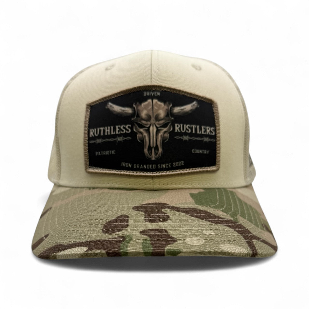 Ruthless Rustlers Barbed Wire Trucker Cap | Beige/Green Camo