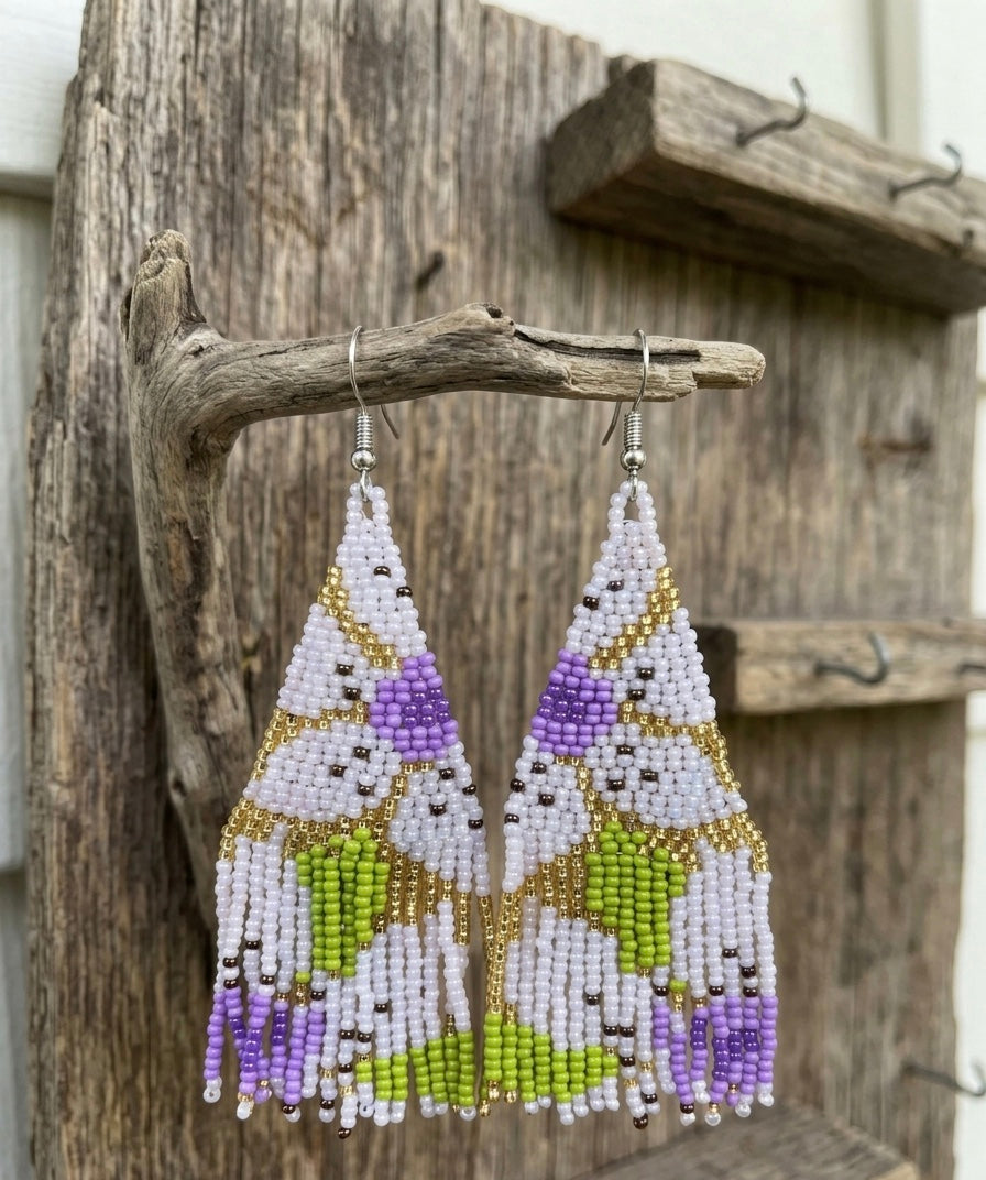 Flower Fringe Beaded Earrings (White)