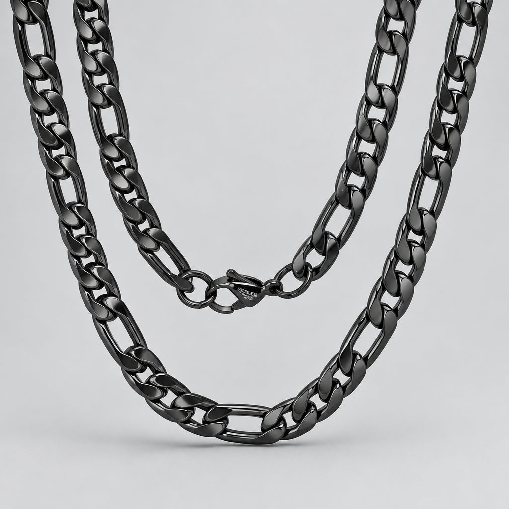 Men’s Black Stainless Steel Double Figaro Chain Necklace