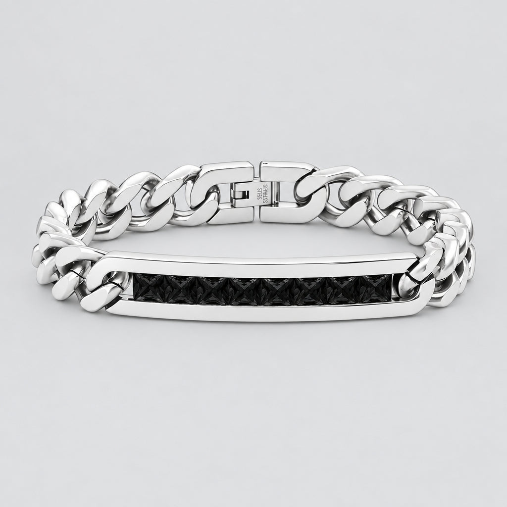 Men’s Silver Stainless Steel with Black Diamond-Textured Biker Bracelet