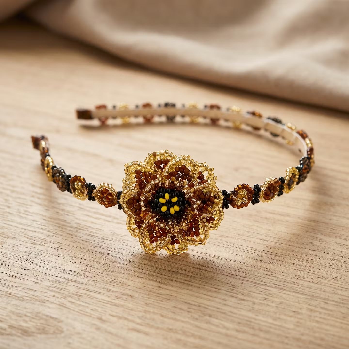 Beaded Headband with Flower Brown