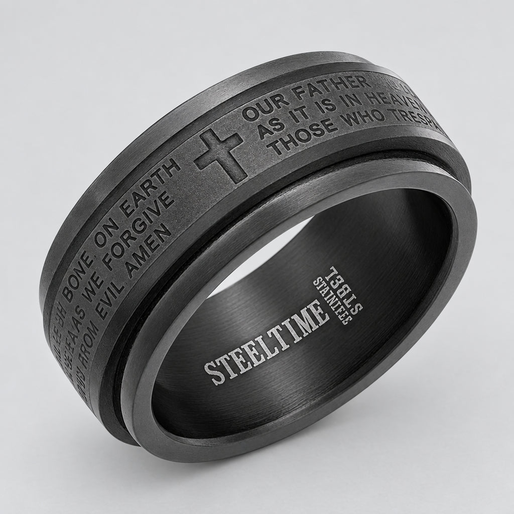 Men’s Black Stainless Steel Lord’s Prayer Band. Religious Biker Ring