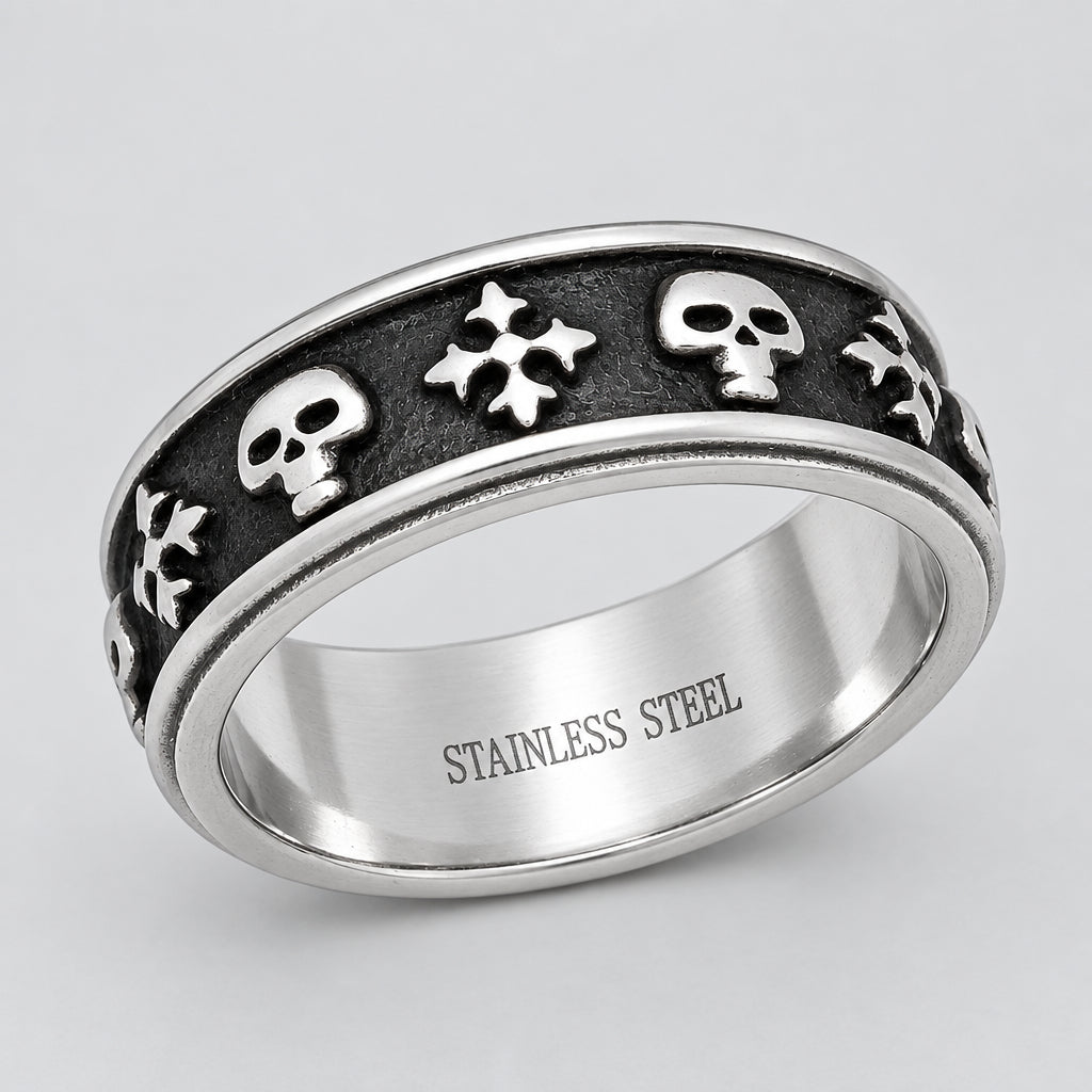 Men’s Two-Tone Stainless Steel Skull & Cross Biker Band Ring