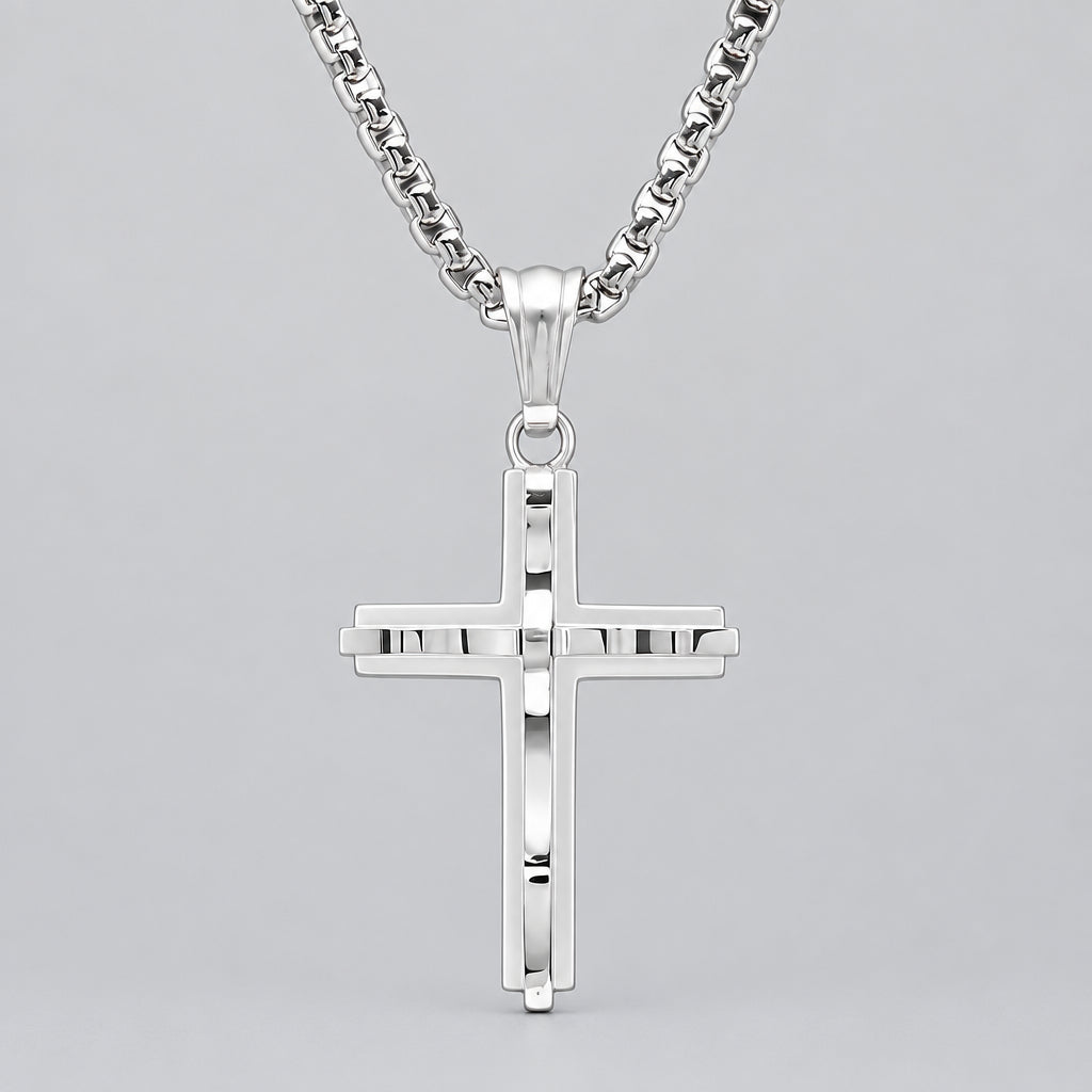 Men's Stainless Steel Double Cross Pendant Necklace