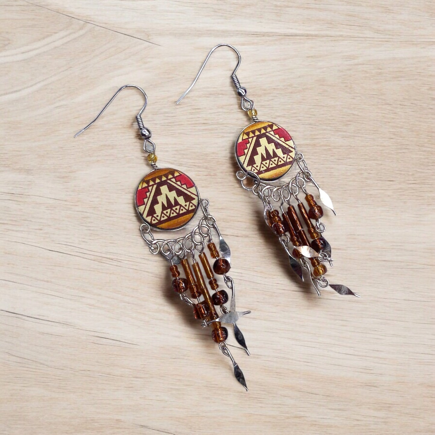 Red and Orange Southwestern Round Shaped Dangle Earrings