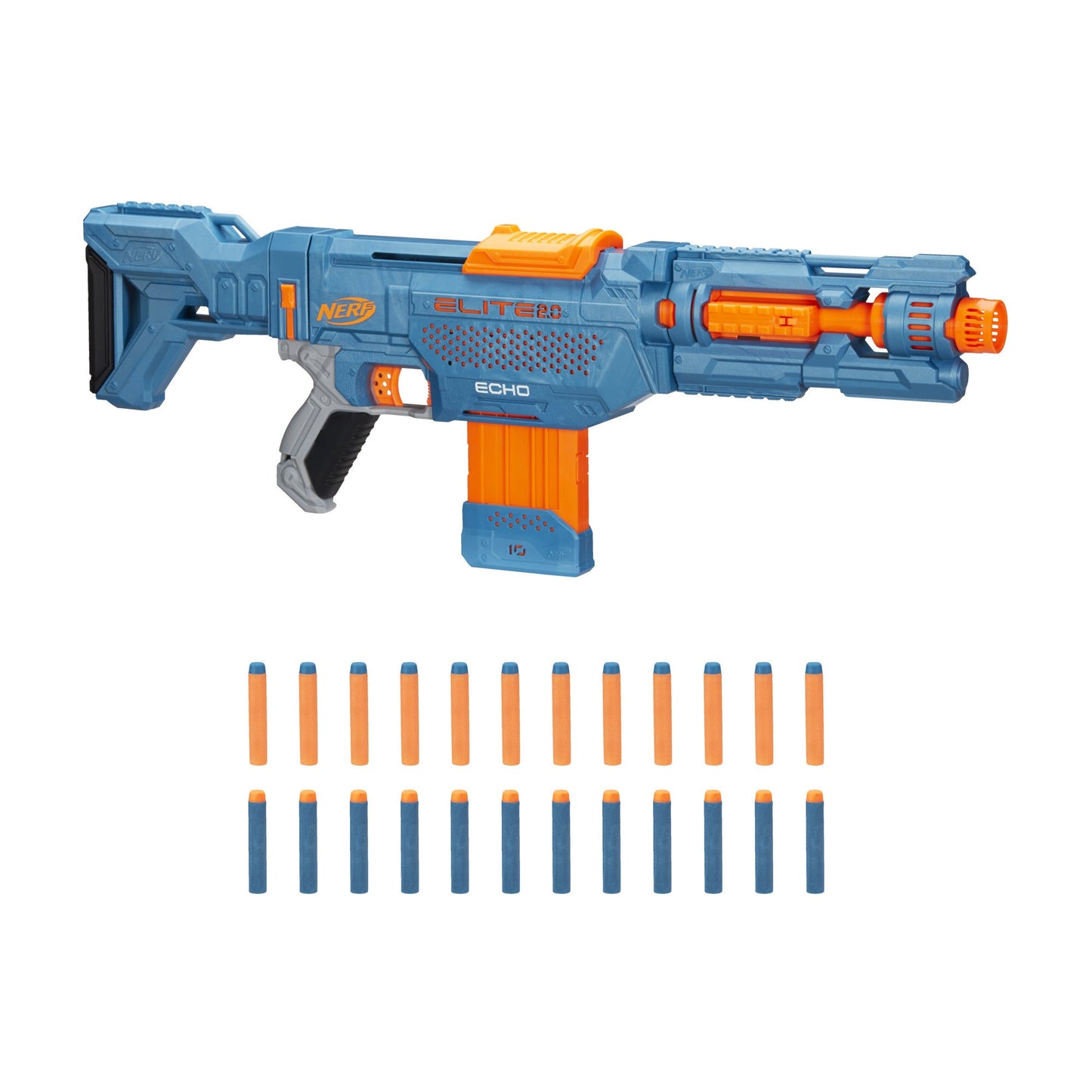 Hasbro Nerf Elite 2.0 Echo CS-10 Blaster, 24 Nerf Darts, 10-Dart Clip, Removable Stock and Barrel Extension, 4 Tactical Rails