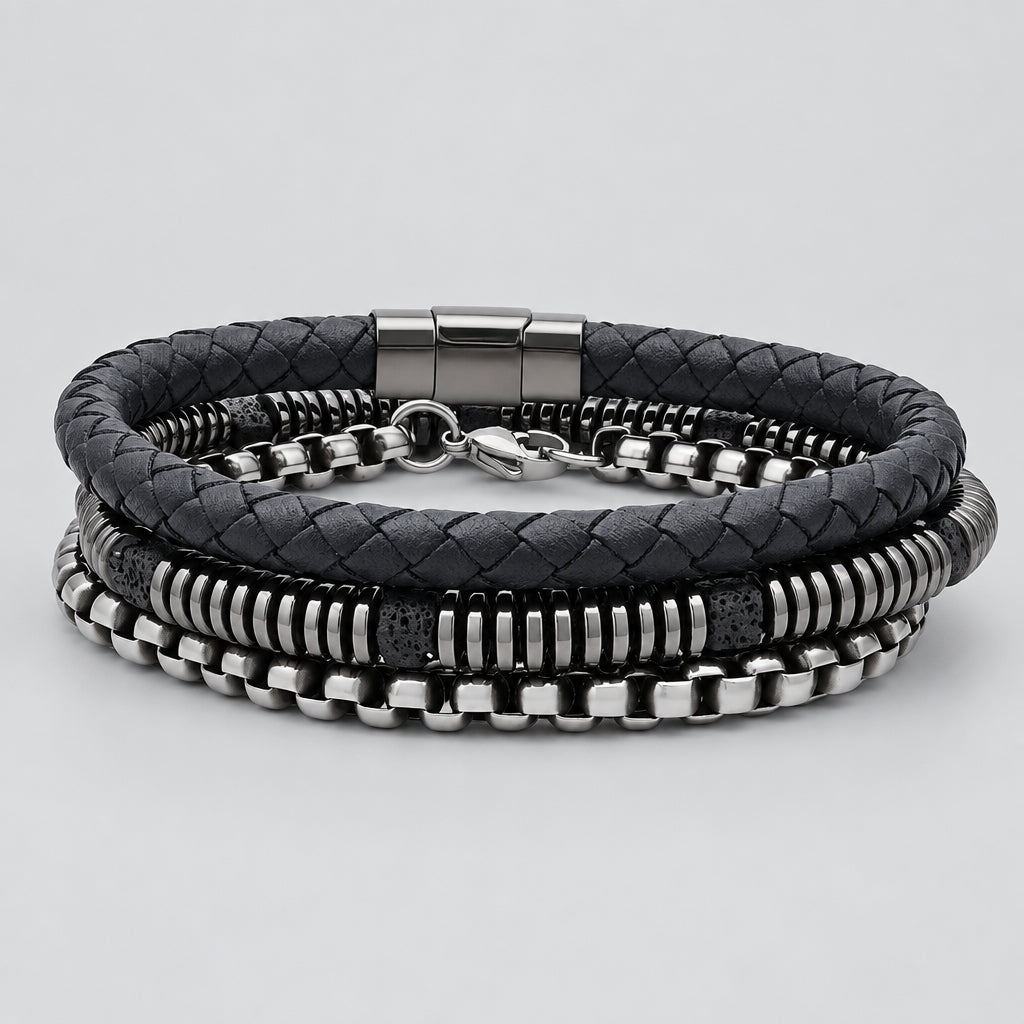 SteelTime Men's Black Leather and Stainless Steel Bracelets with Haematite and Lava Stone