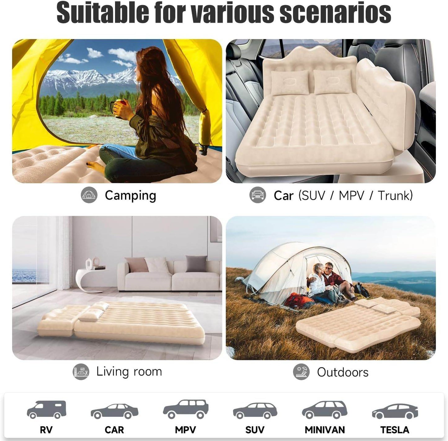 Inflatable Car Truck Outdoor Camping Air Mattress with 2 pillows