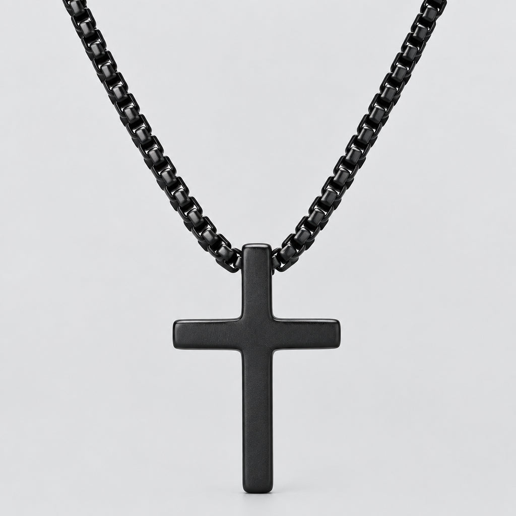 Men's Black Steel Cross Pendant Necklace Box Chain Biker Jewelry