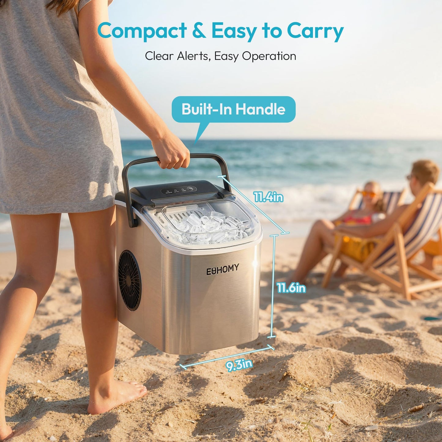 EUHOMY Countertop Ice Maker Machine with Handle, 26lbs Per Day, 9 Ice Cubes Ready in 6 Mins, Auto-Cleaning Portable Ice Maker with Basket and Scoop, for Home/Kitchen/Camping/RV (Silver) 🍁 All In One Marketplace Canada