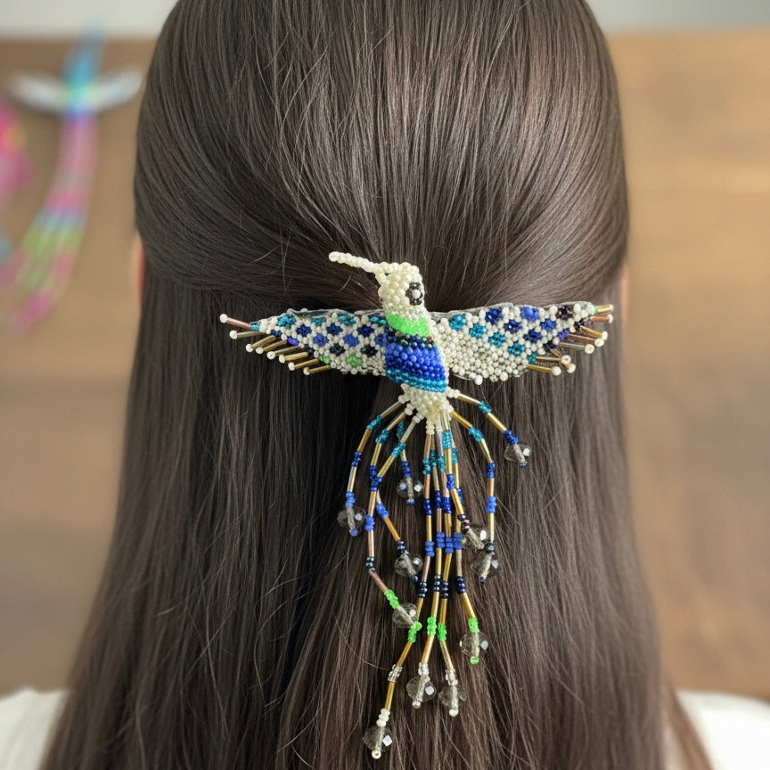 White Hummingbird Barrette with Fringes