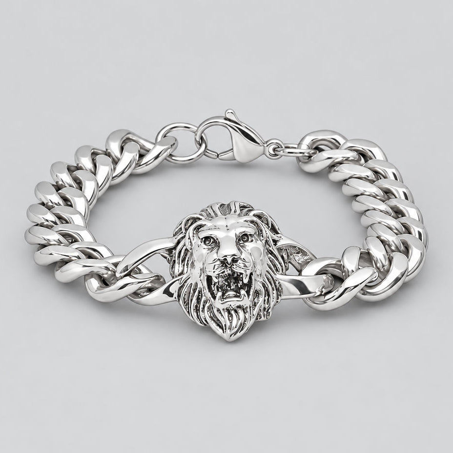 Men’s Stainless Steel Lion Head Cuban Link Bold Biker Bracelet