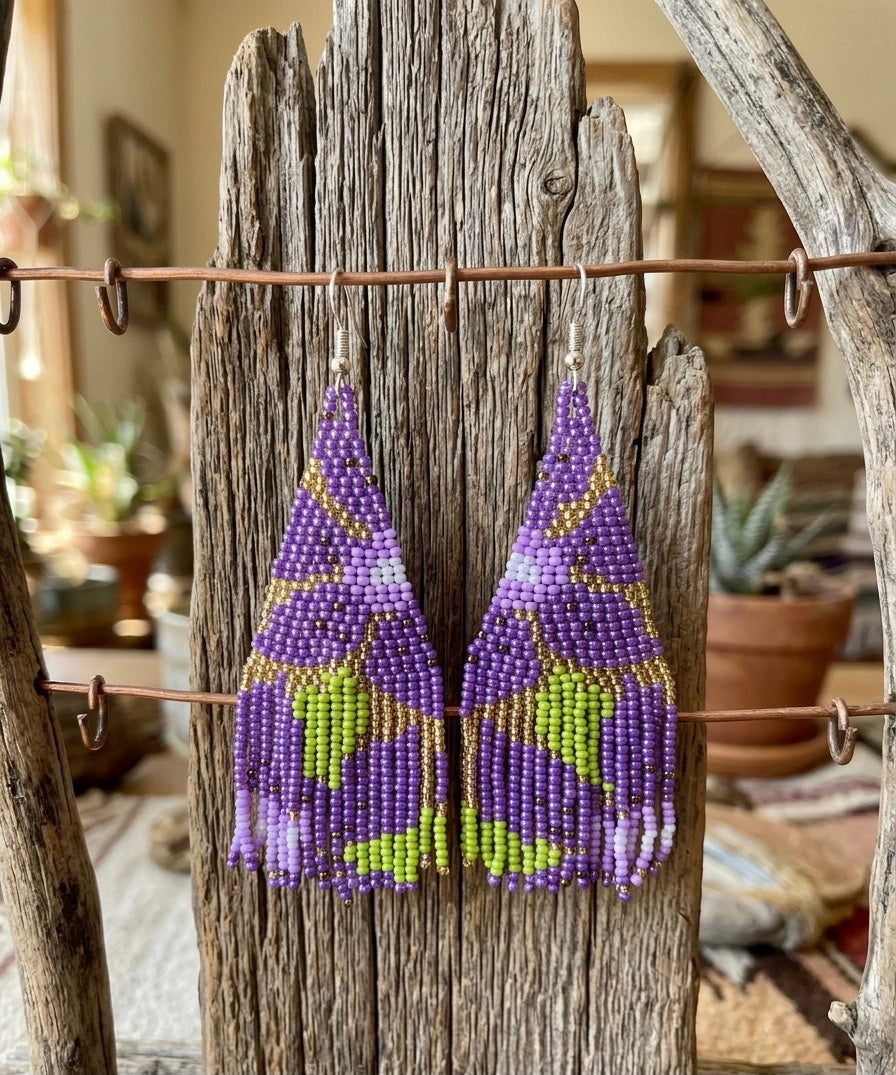 Flower Fringe Beaded Earrings (Purple)