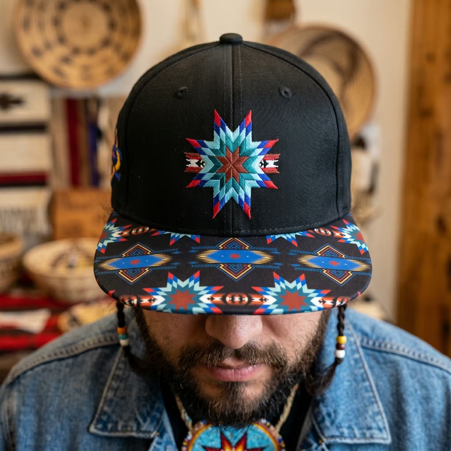 Native embroidery star Hat black