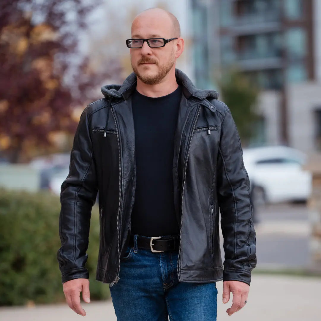 Men’s Hooded Leather Jacket. Sheep Leather Jacket with Removable Hood