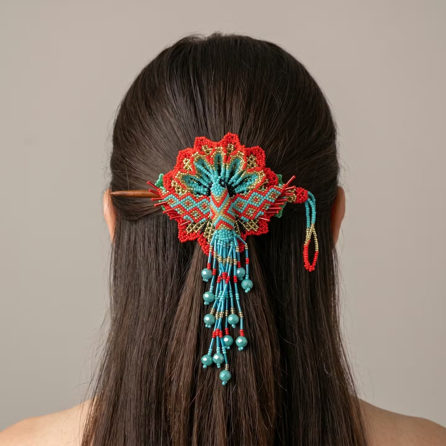 Maple Blossom Hummingbird Beaded Hair Stick Barrette Turquoise