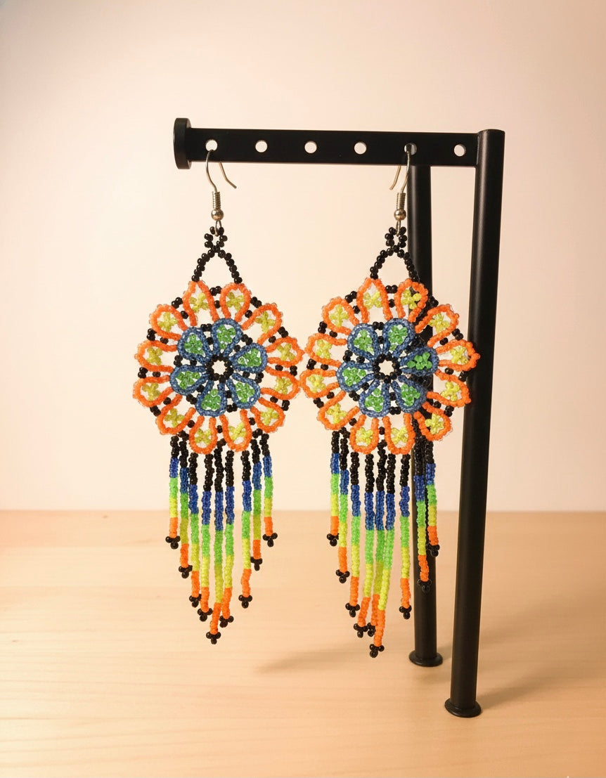 Orange and grey Flower beaded Earrings