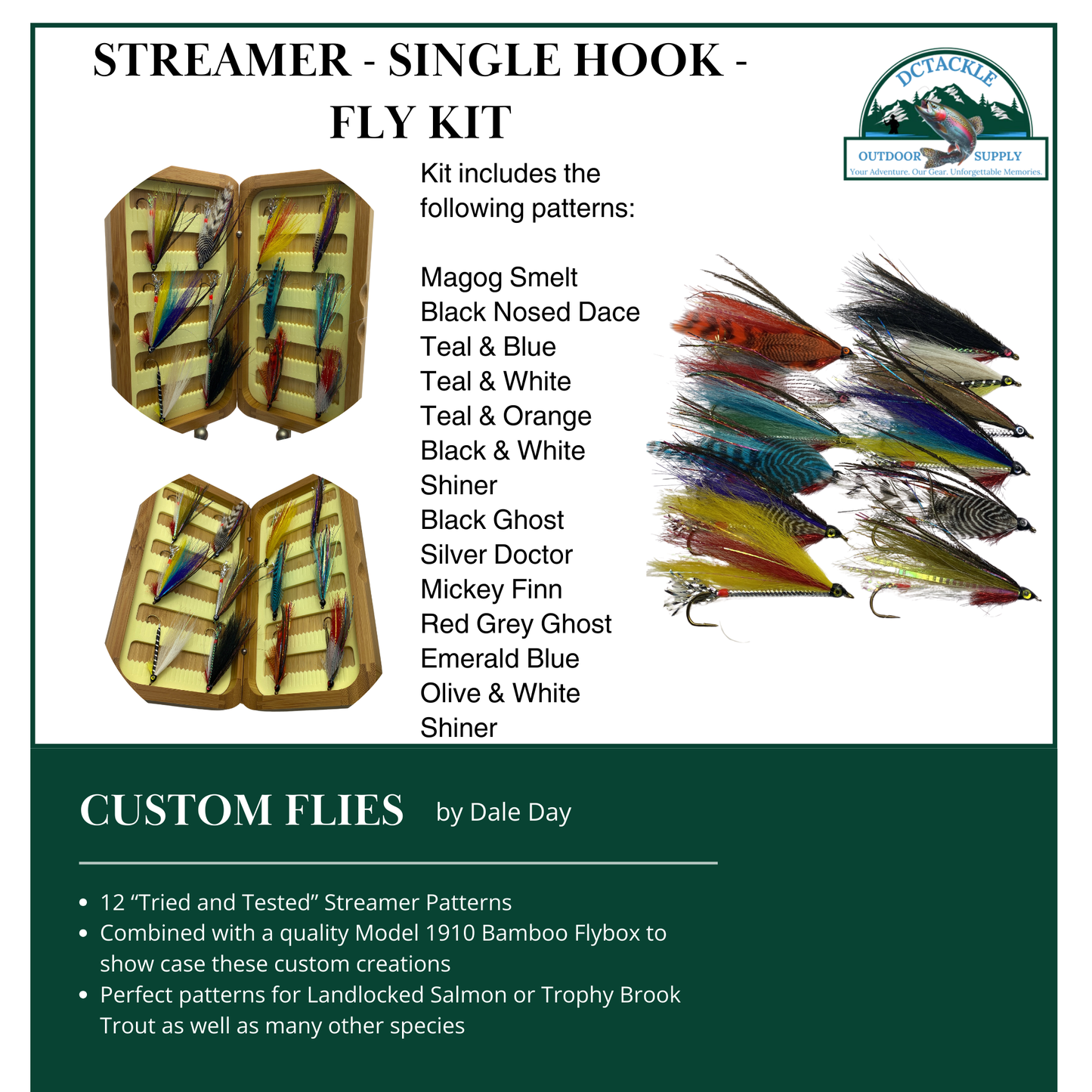 Fly Fishing Kit, Single Hook Streamer, Landlocked Salmon, Bamboo Flybox