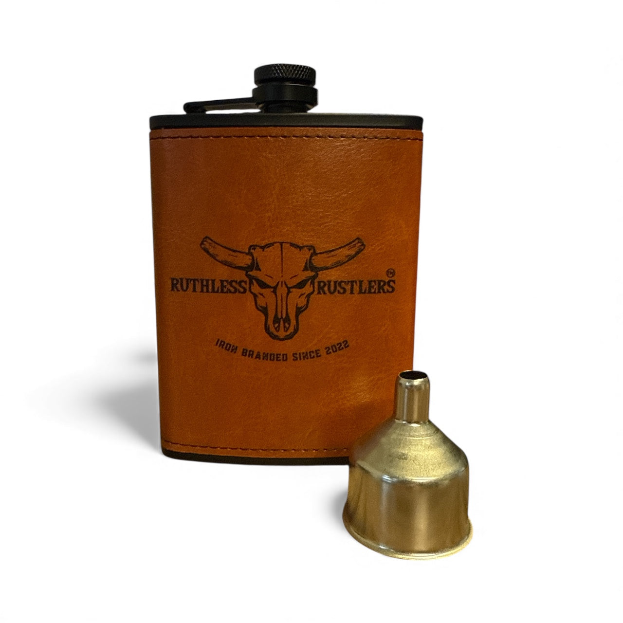 Ruthless Rustlers Iron Branded Hip Flask Set | Brown
