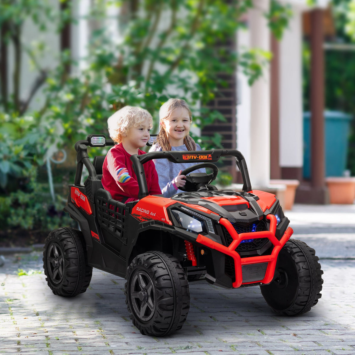 2 Seater 24V Electric Car for Kids w/ Remote Control, 3 Speed, LED Lights, Music, Horn, Spring Suspension, Blue