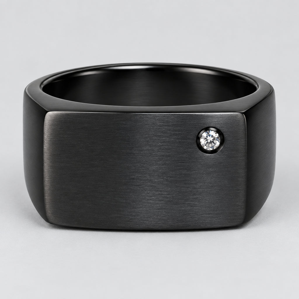 SteelTime Men's Black Stainless Steel Signet Ring with Stone Detail