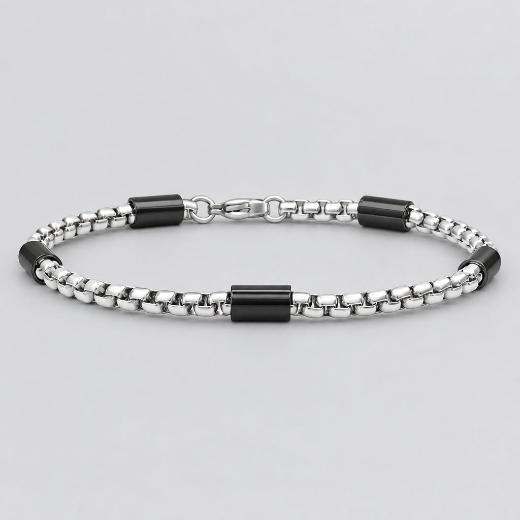 SteelTime Men's Two Tone Black and Stainless Steel Bar & Box Chain Bracelet