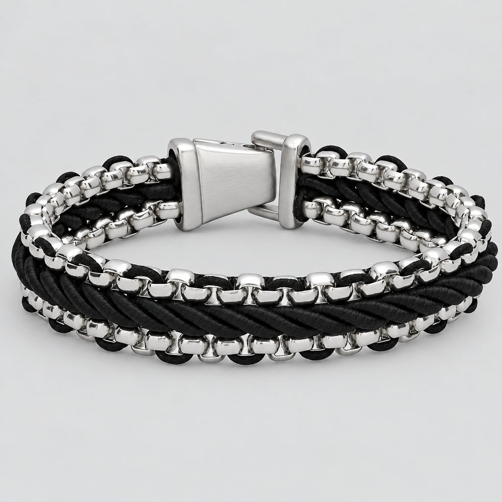 Steeltime Men's Black Cord Twist Bracelet | Stainless Steel