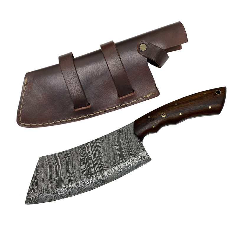 11″ Damascus Steel Hunting Cleaver Knife w/ Leather Sheath (T22DM06)