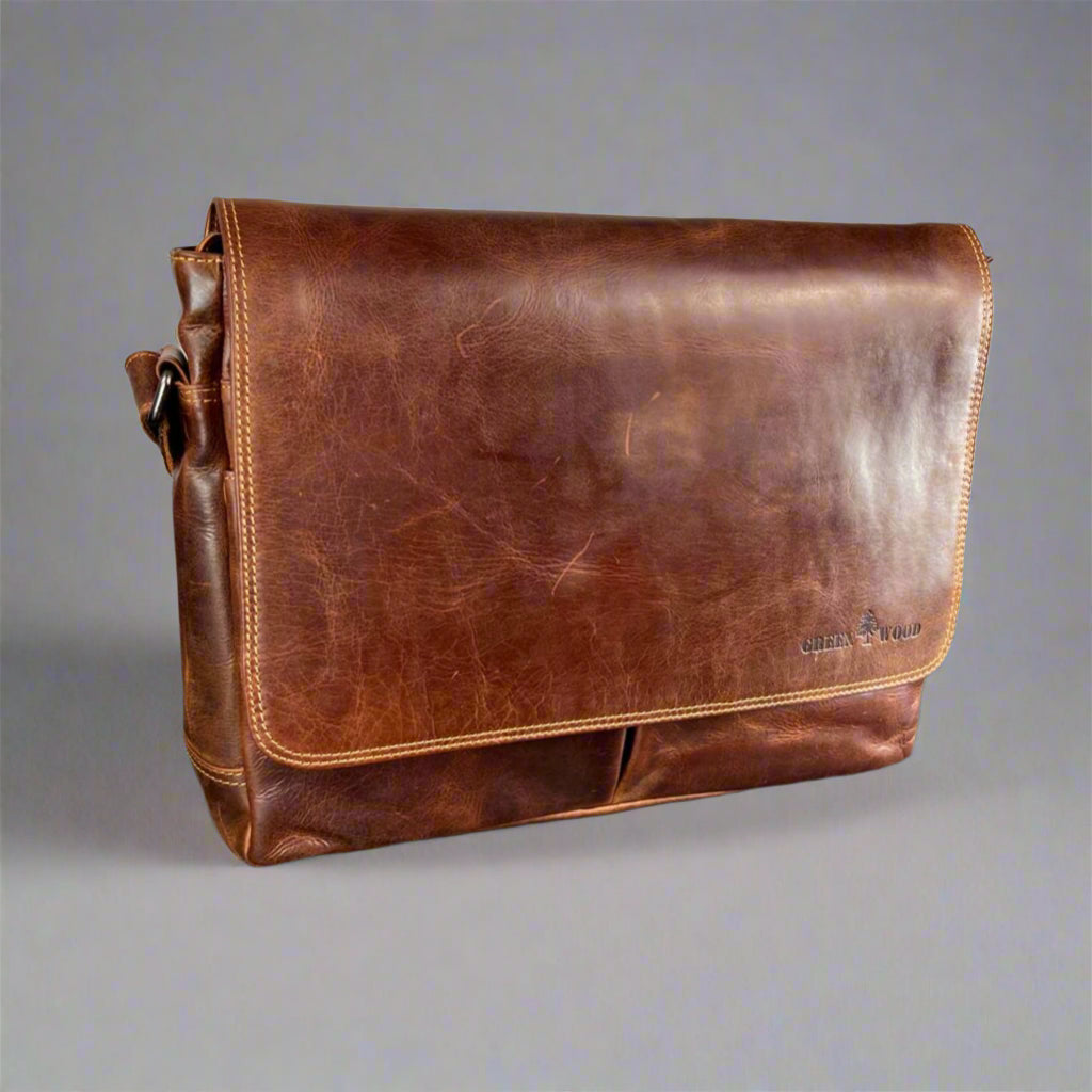 Greenwood Leather Laptop Bag. Premium Waxed Full-Grain Leather Briefcase for 16" Laptops