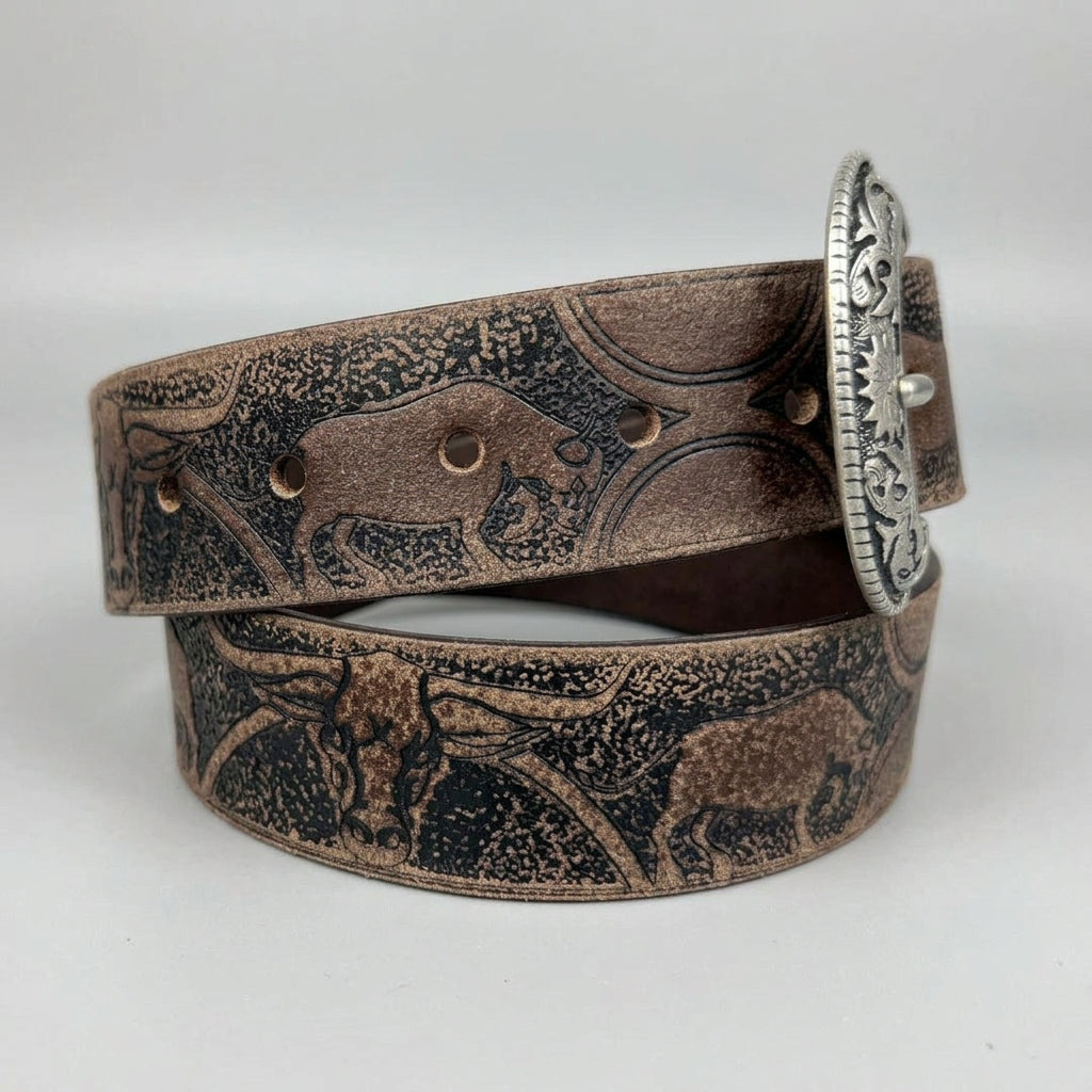 Keldon Men's Western Belt Embossed Leather with Bull Design and Removable Silver Buckle