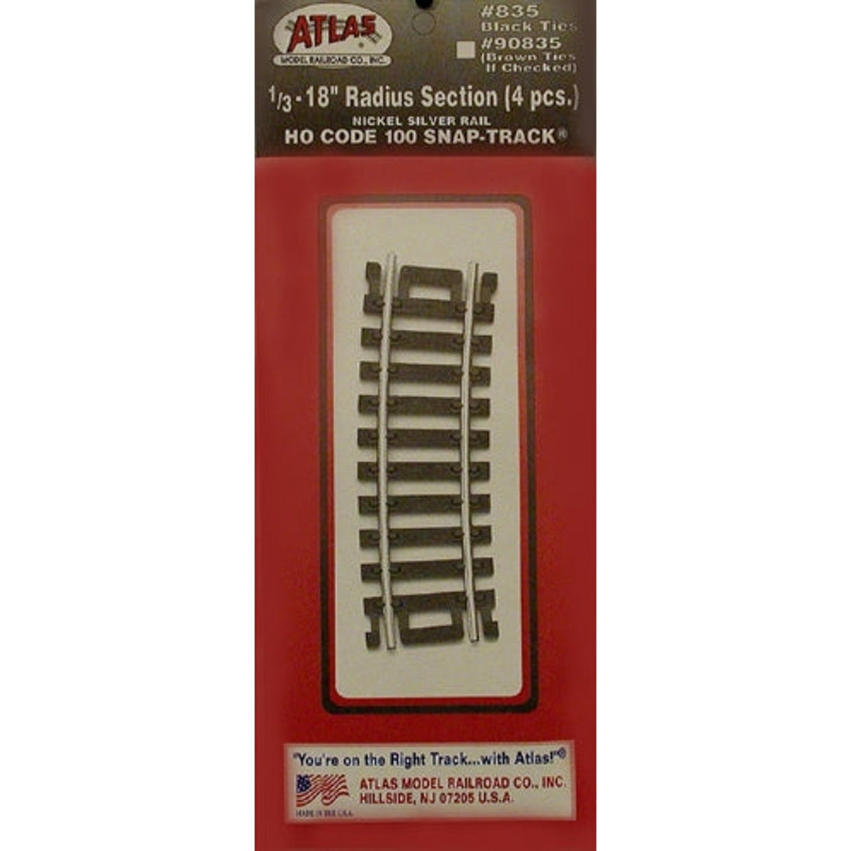 Atlas 835 HO Code 100 Snap Track 18" Radius Curve 1/3 Section Nickel-Silver Rail Black Ties 4 Pack NIB