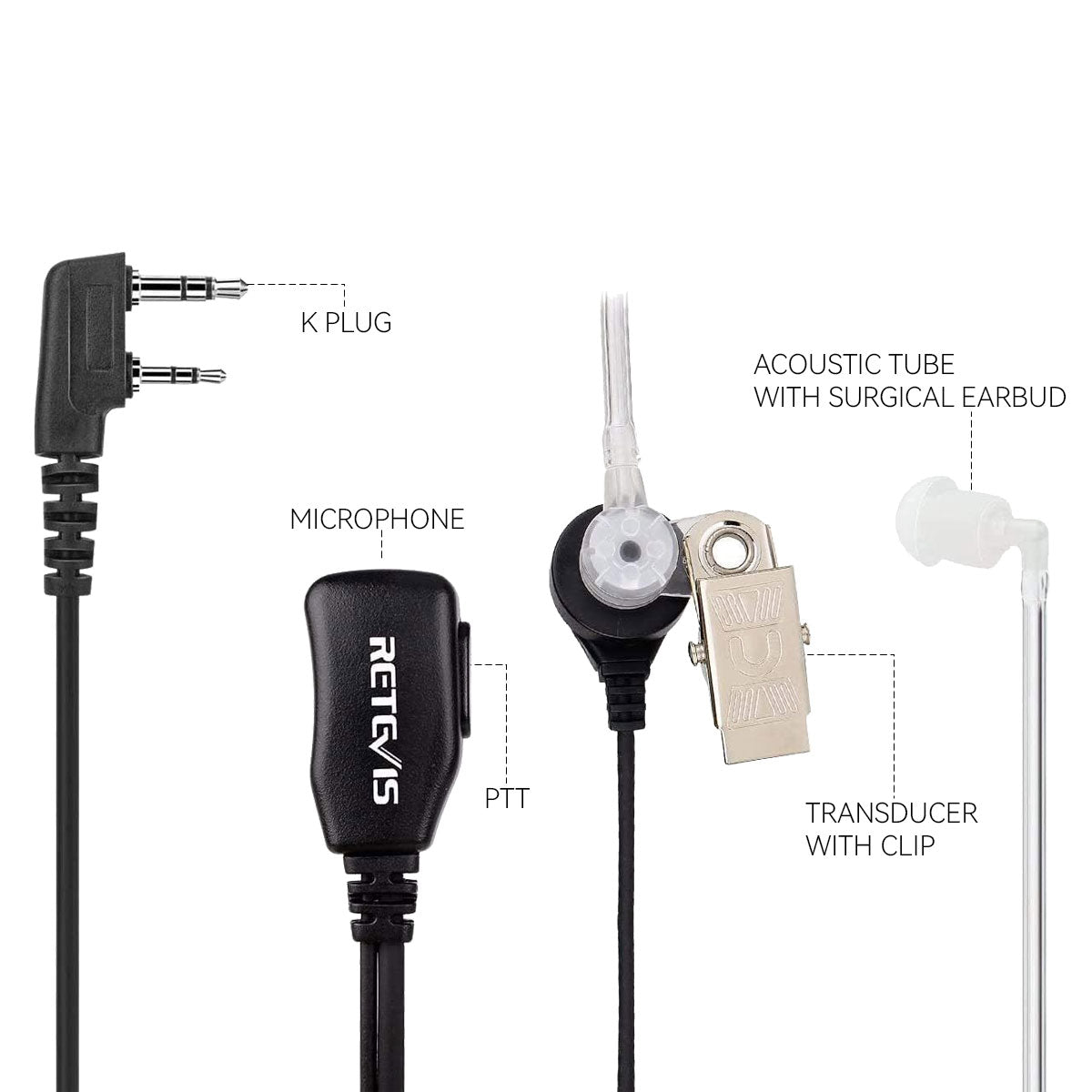 Retevis 2-Pin EAK001 Covert Acoustic Tube Earpiece with PTT Mic (Secret Service Style)