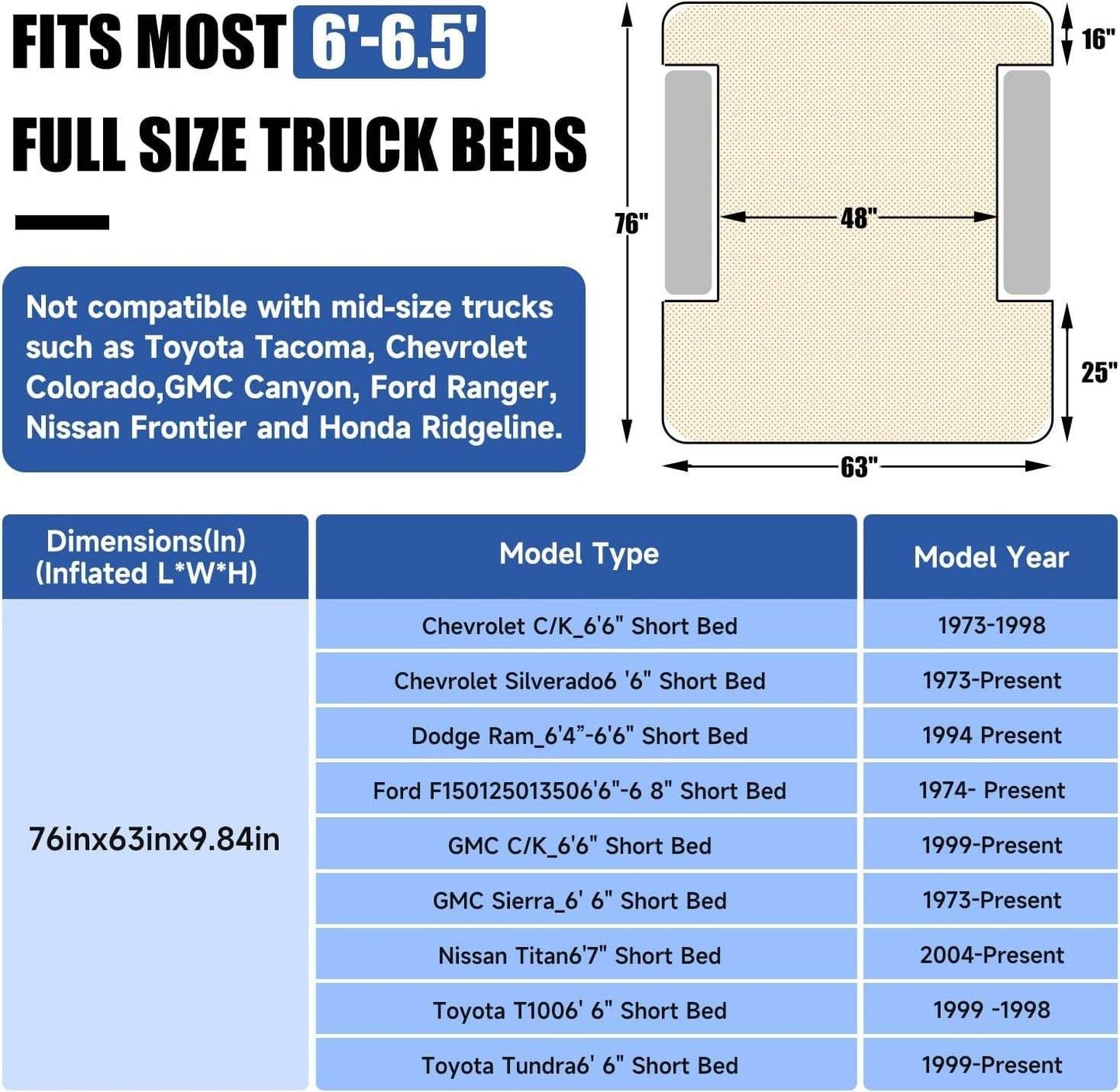 Inflatable Truck Bed Outdoor Camping Air Mattress 6.0-6.5ft