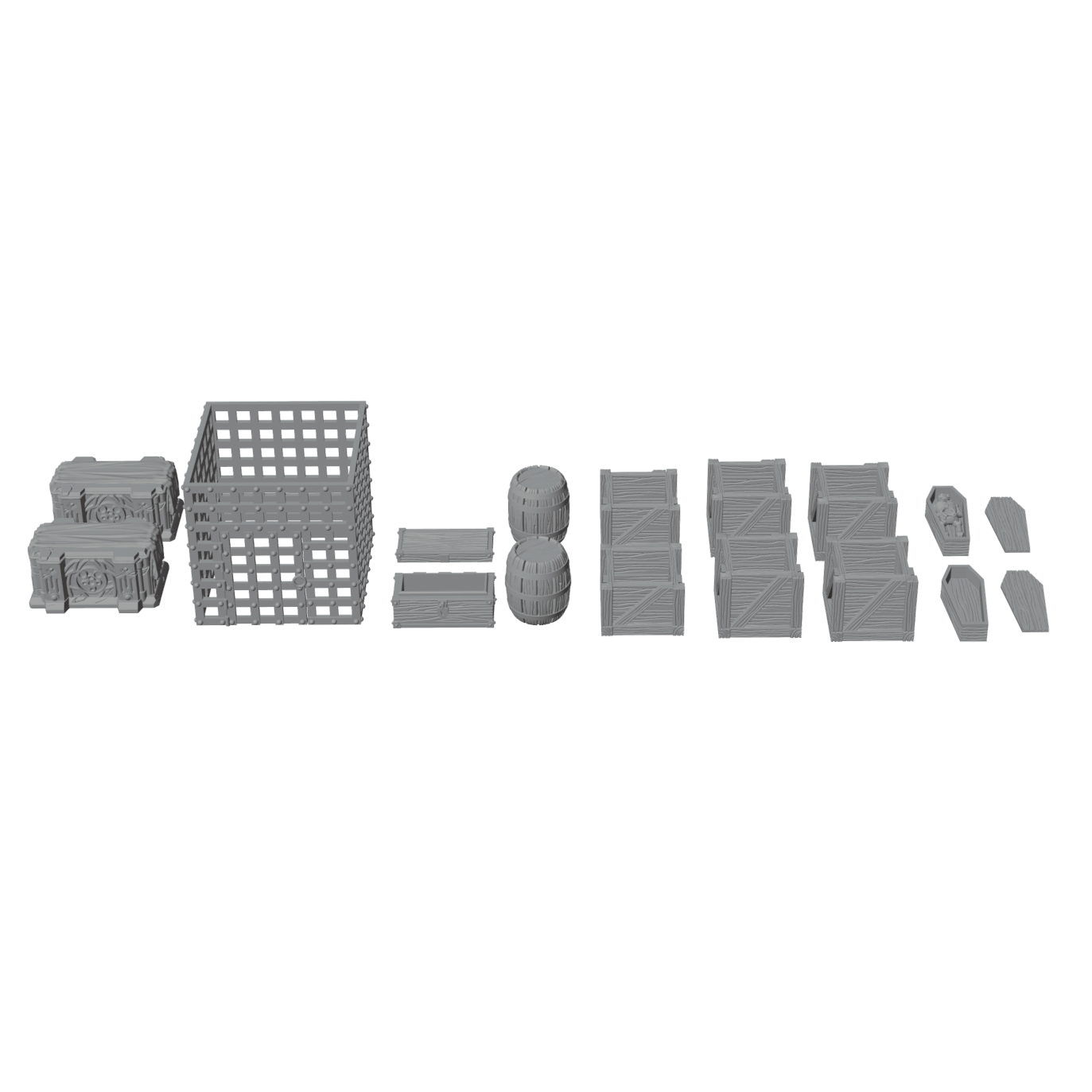 28mm Dungeon Scatter Terrain – Crates, Barrels, Altars, Coffins