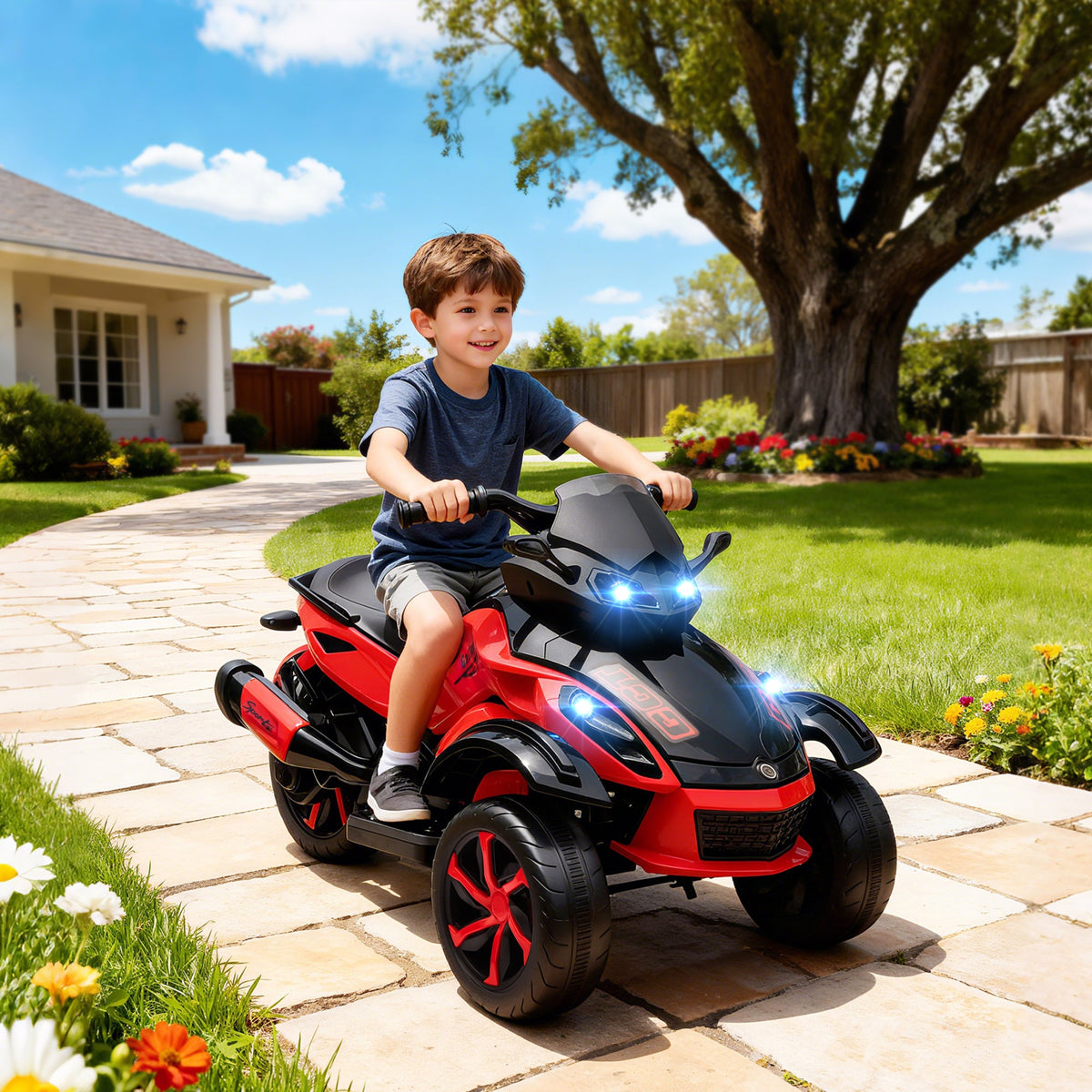 12V Kids ATV with Suspension Wheels, Soft Start, LED Lights, Music, Red