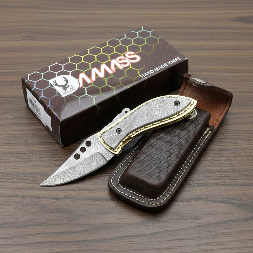 7" Damascus Folding Knife Handmade with Sheath (13041)