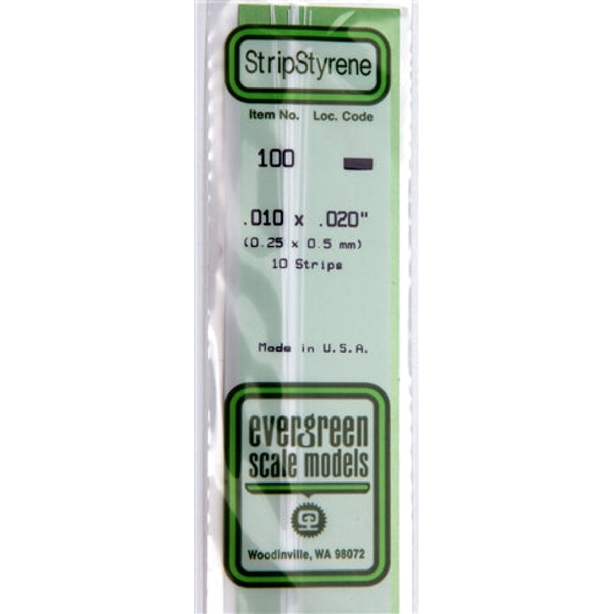 Evergreen Scale Models 100 Styrene Strip .010 x .020" (0.25 x 0.5 mm) 10 strips NIB