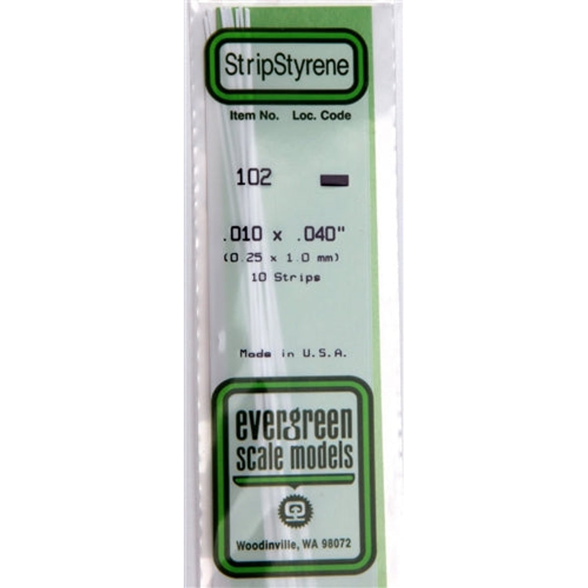 Evergreen Scale Models 102 Styrene Strip .010 x .040" (0.25 x 1.0 mm) 10 strips NIB