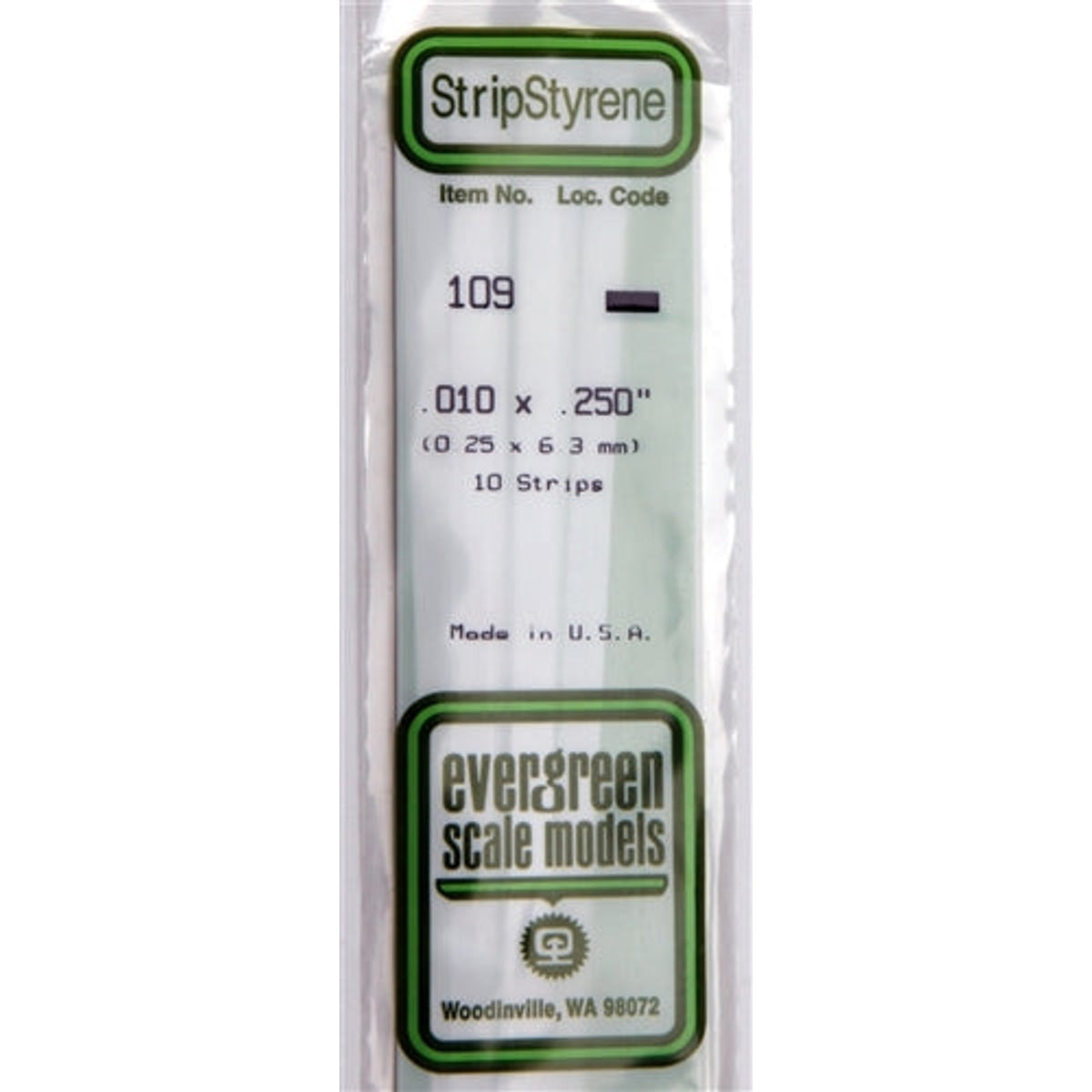 Evergreen Scale Models 109 Styrene Strip .010 x .250" (0.25 x 6.3mm) 10 strips NIB