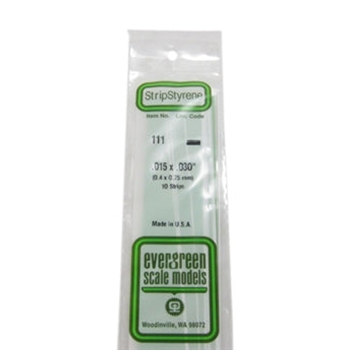 Evergreen Scale Models 111 Styrene Strip .015 X .030" (0.4 X .75 mm) 10 strips NIB
