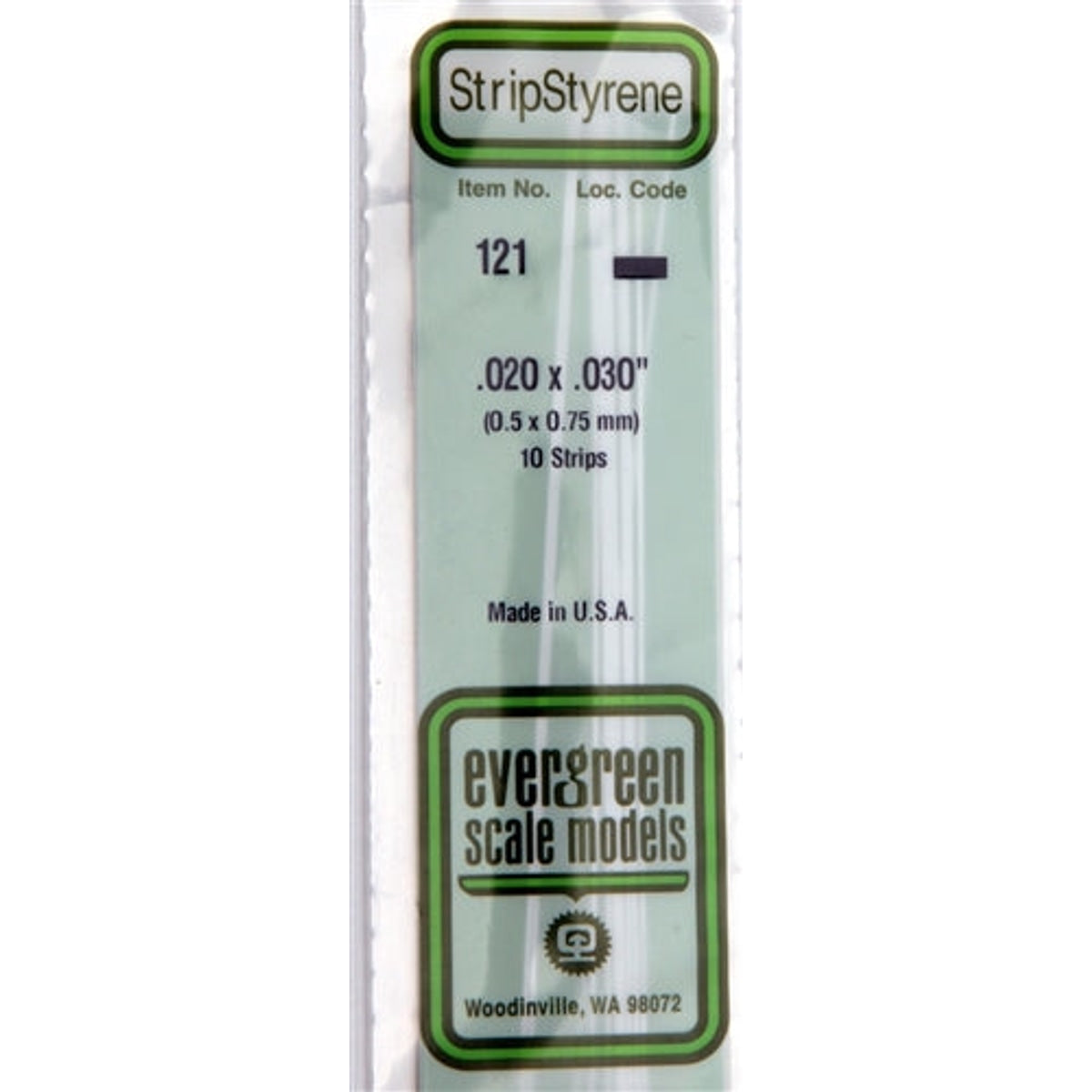 Evergreen Scale Models 121 Styrene Strip .020 X .030" (0.5 X 0.75mm) 10 strips NIB