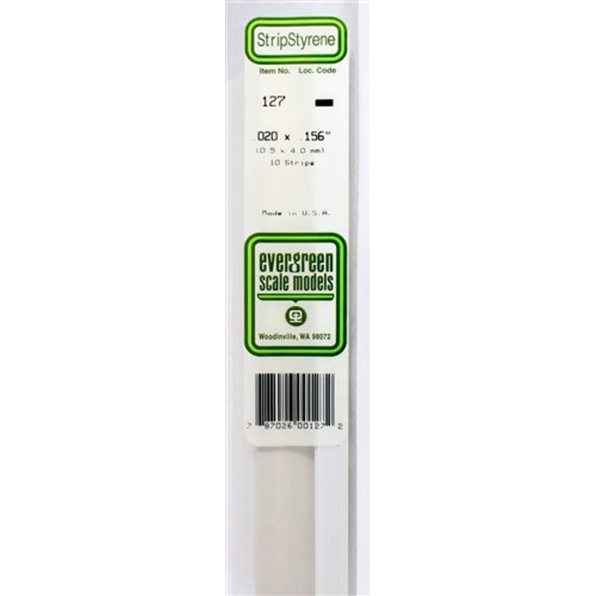 Evergreen Scale Models 127 Styrene Strip .020 X .156" (0.5 X 4.0mm) 10 strips NIB