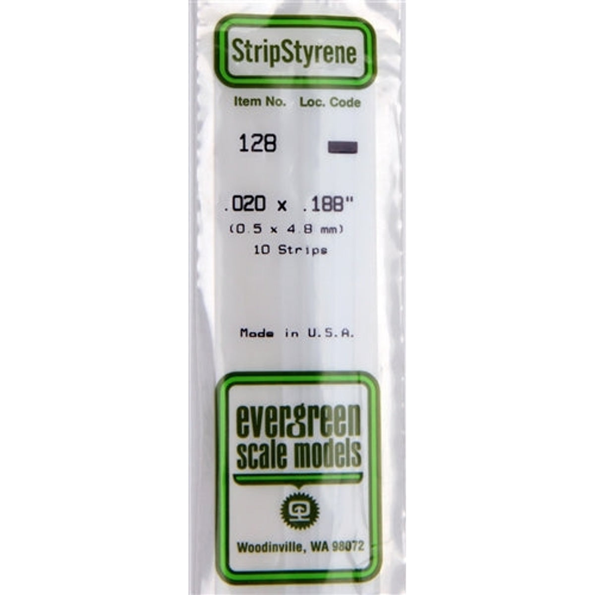 Evergreen Scale Models 128 Styrene Strip .020 X .188" (0.5 X 4.8mm) 10 strips NIB