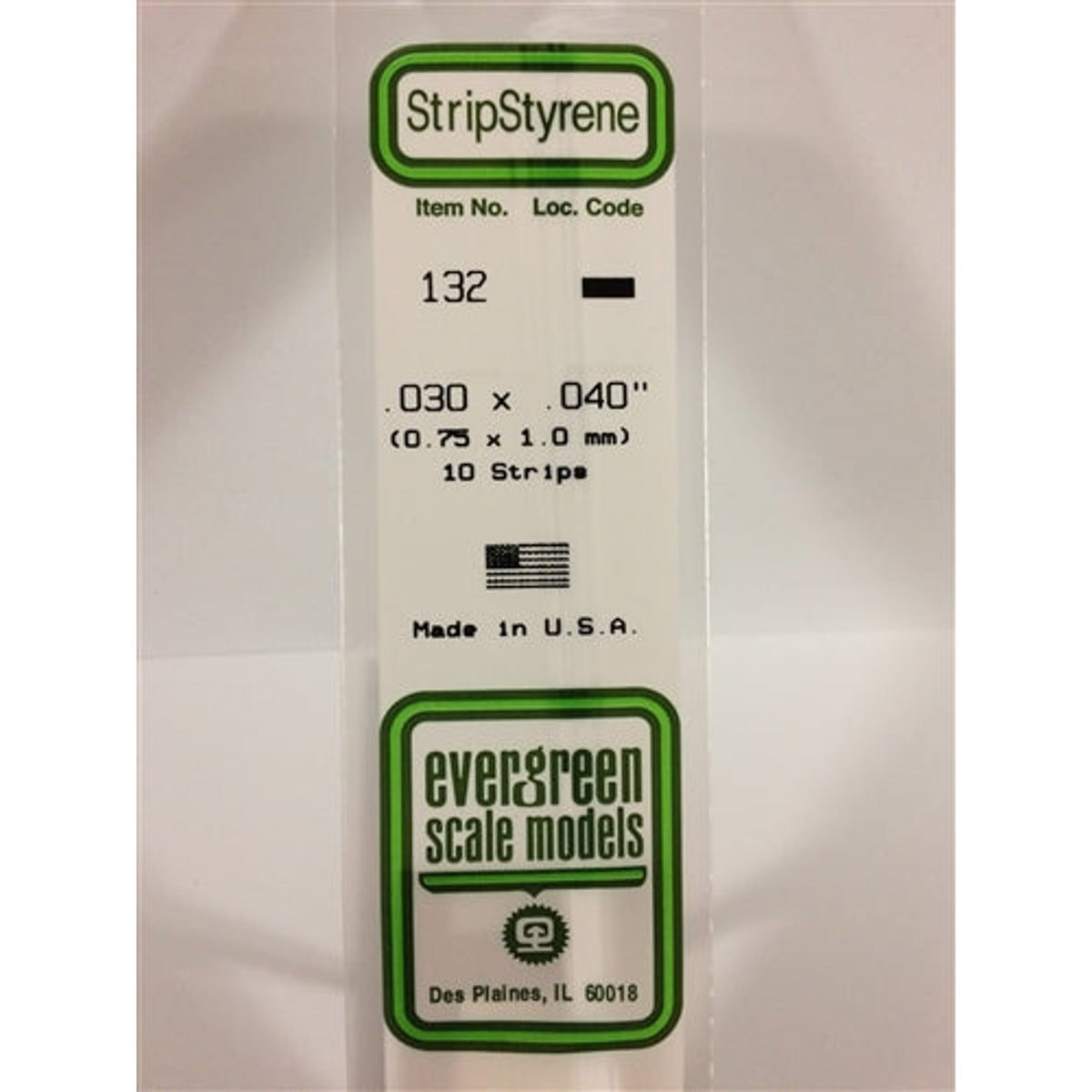 Evergreen Scale Models 132 Styrene Strip .020 X .0.40" (0.5 X 4.8mm) 10 strips NIB