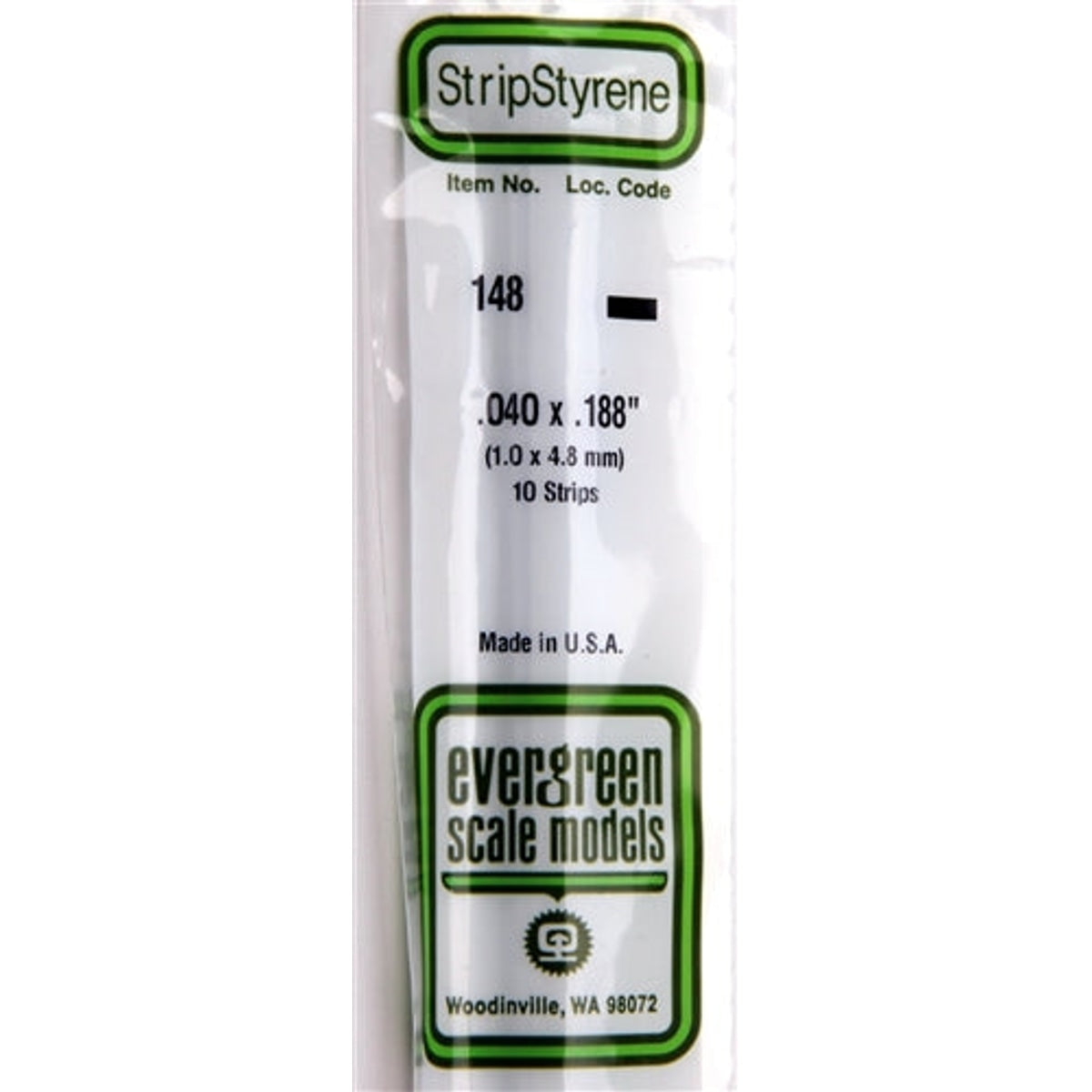 Evergreen Scale Models 148 Styrene Strips .040 x .188" (1.0 X 4.8mm) 10 strips NIB